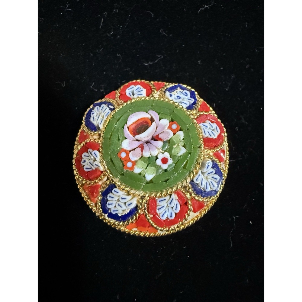 Micro Mosaic Glass & Gold Tone Metal Round Pin Brooch